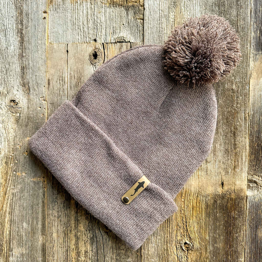 Trout Swimming Leather Tag Pom Beanies