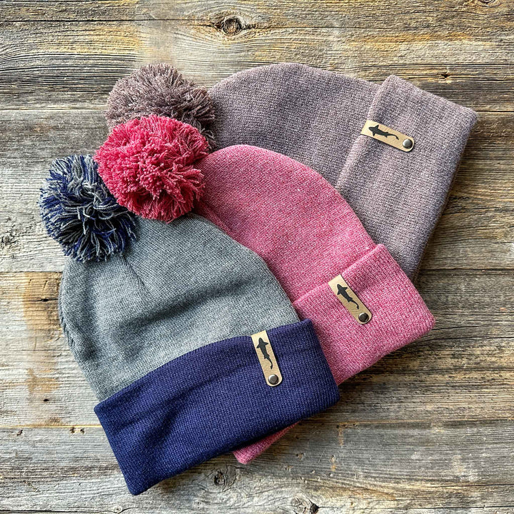 Trout Swimming Leather Tag Pom Beanies