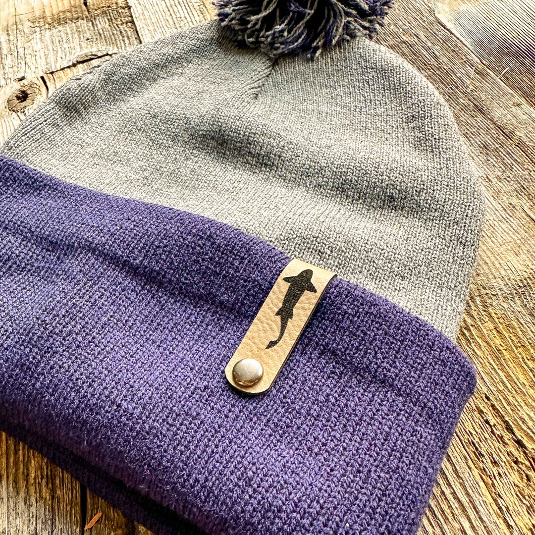 Trout Swimming Leather Tag Pom Beanies