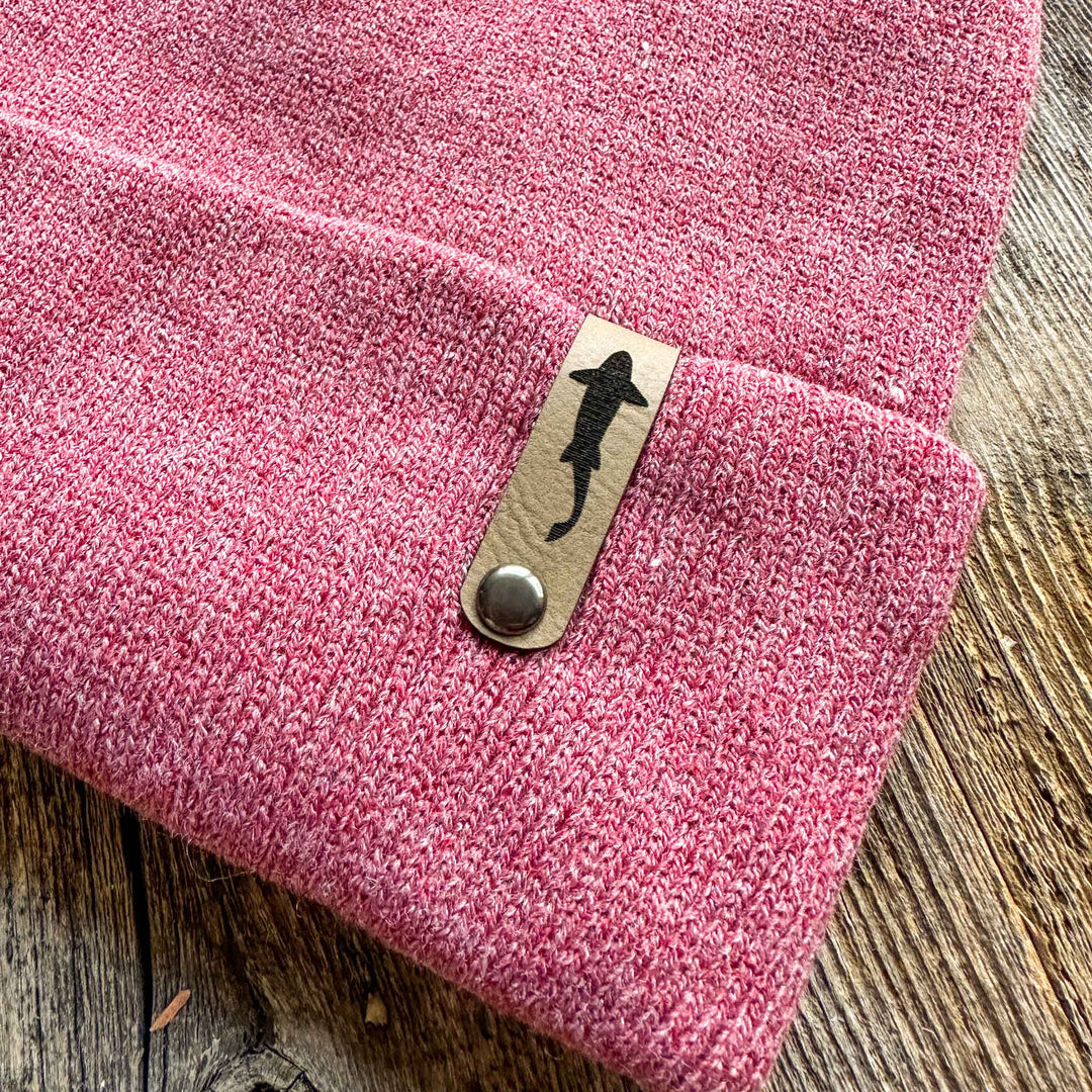 Trout Swimming Leather Tag Pom Beanies