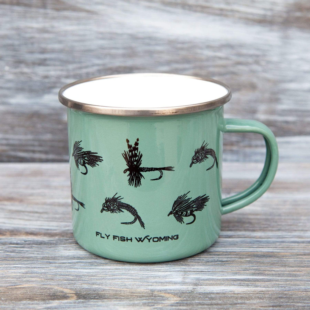 Fly Fish Wyoming Mug Sage Green All The Flies - Enamel Camp Mugs