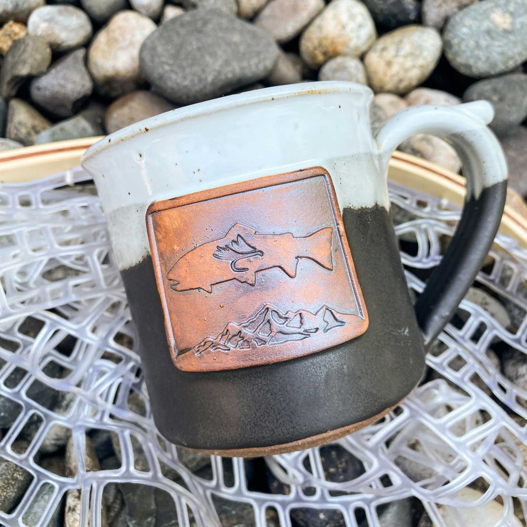 Fly Fish Wyoming Mug White and Charcoal Handmade Wyoming Mountain Trout Mugs
