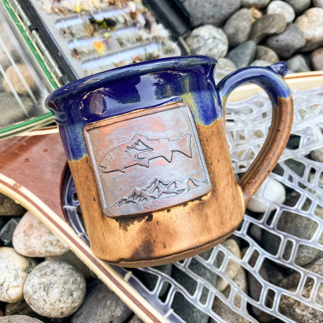 Fly Fish Wyoming Mug Blue Rustic Handmade Wyoming Mountain Trout Mugs