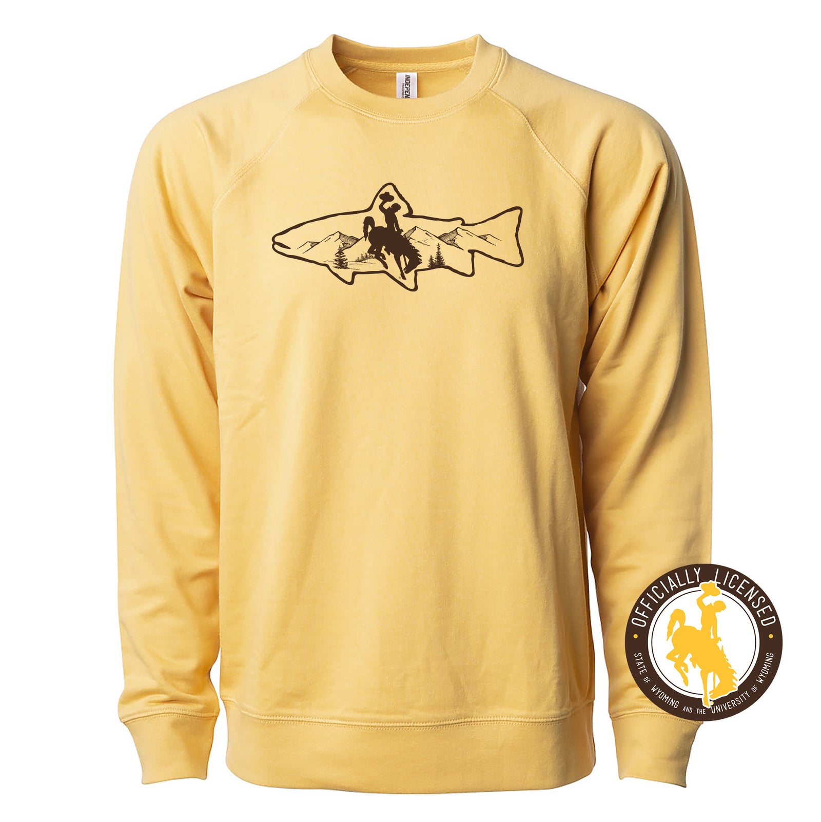A yellow crewneck sweatshirt with a graphic of a trout on the front and the University of Wyoming logo in the lower right corner.