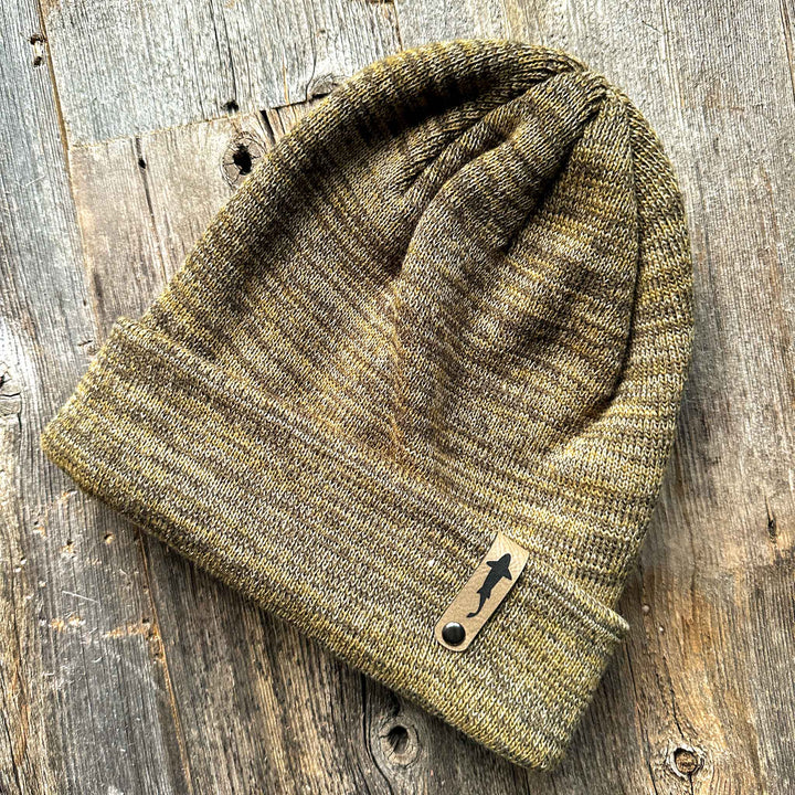 Fly Fish Wyoming Beanie Olive Trout Leather Patch Cuff Beanie