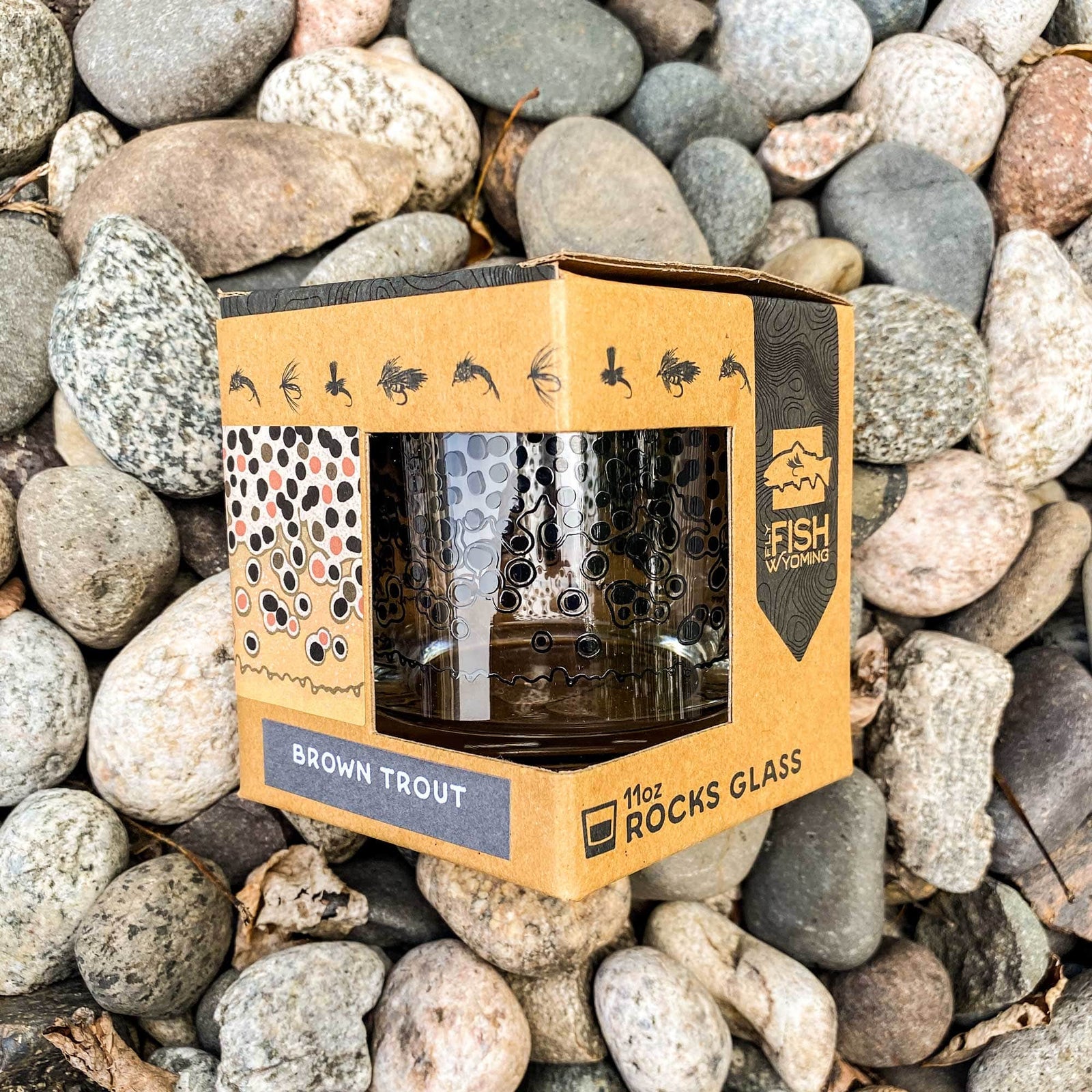 Fly Fish Wyoming old fashioned glass Wyo Brown Trout Pattern Rocks Glass