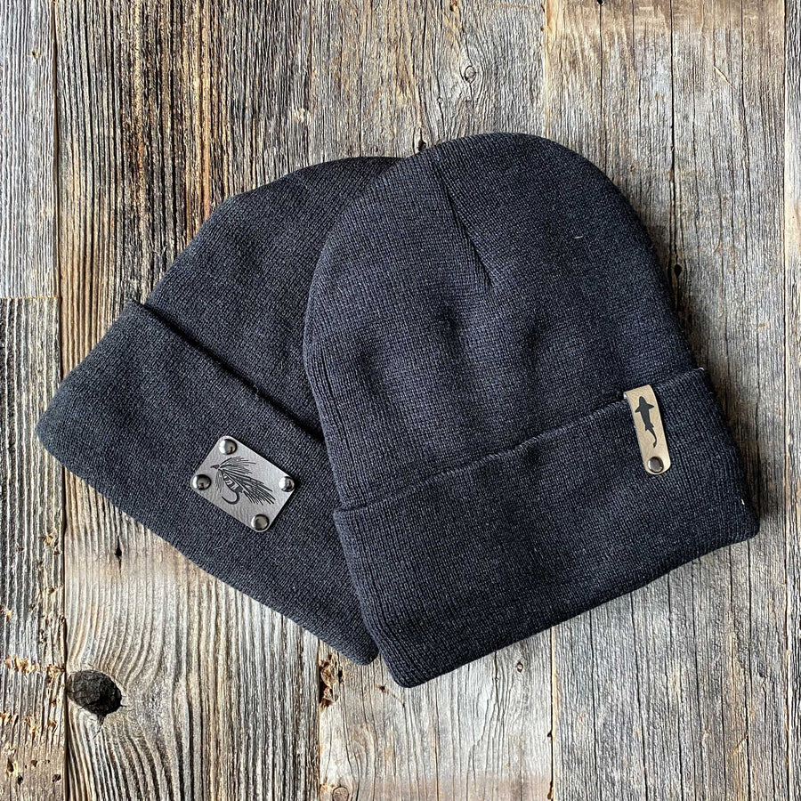 Fly Fish Wyoming Beanie Leather Patch Sherpa Lined Beanies