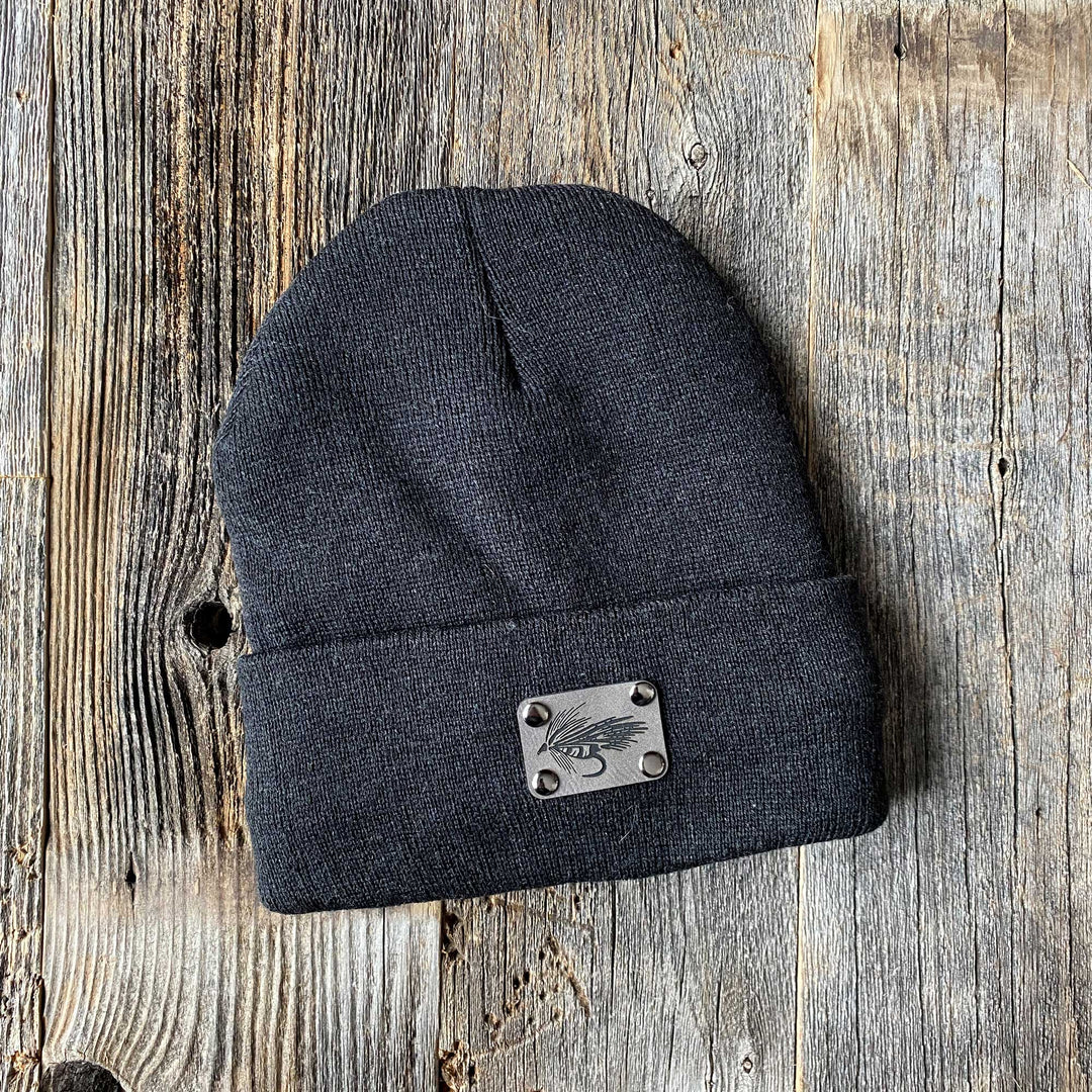 Fly Fish Wyoming Beanie Black / Streamer Gray Rectangle Patch Leather Patch Sherpa Lined Beanies