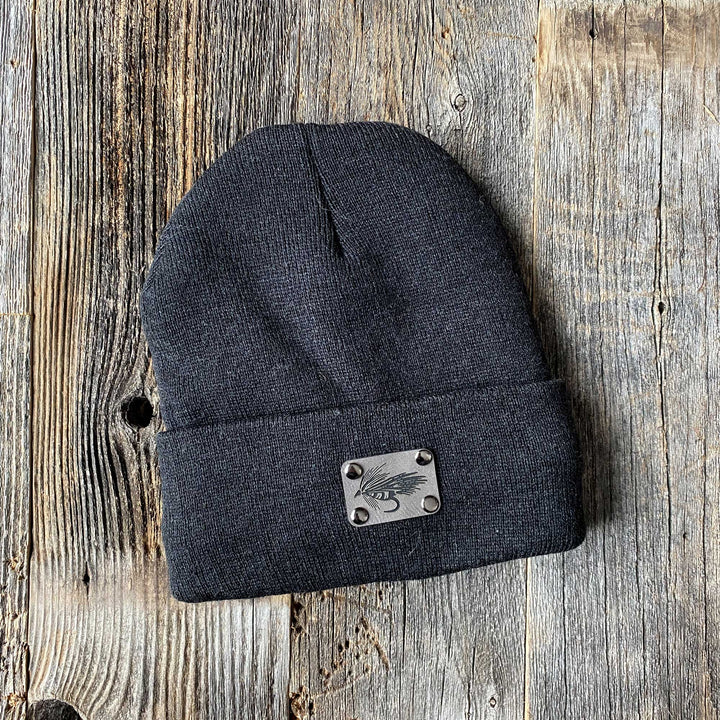 Fly Fish Wyoming Beanie Black / Streamer Gray Rectangle Patch Leather Patch Sherpa Lined Beanies