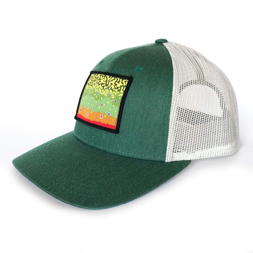 Fly Fish Wyoming Hat Green and White Brook Trout Pattern Patch Hat