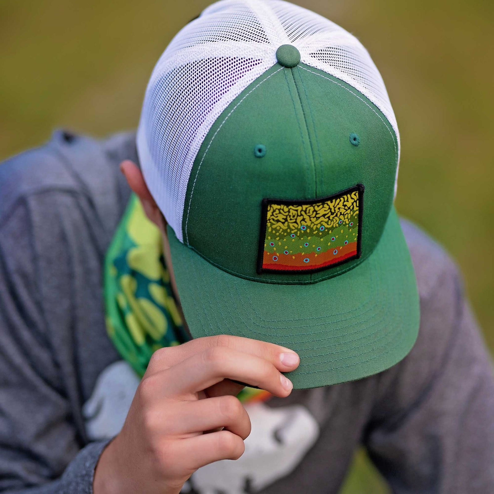 Fly Fish Wyoming Hat Green/Gray Brook Trout Pattern Patch Hat