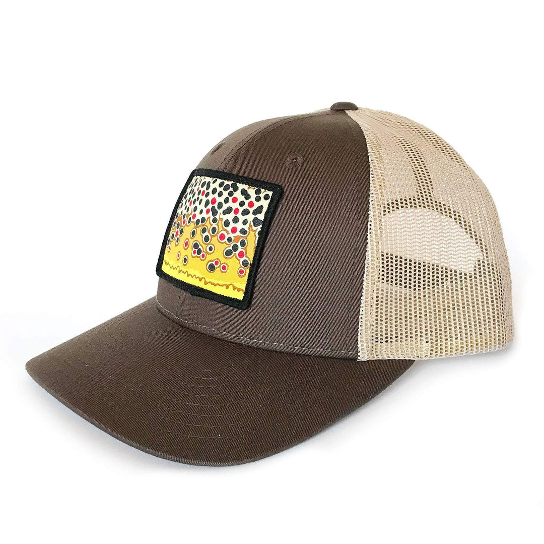 Fly Fish Wyoming Hat Brown and Tan Brown Trout Pattern Patch Hat