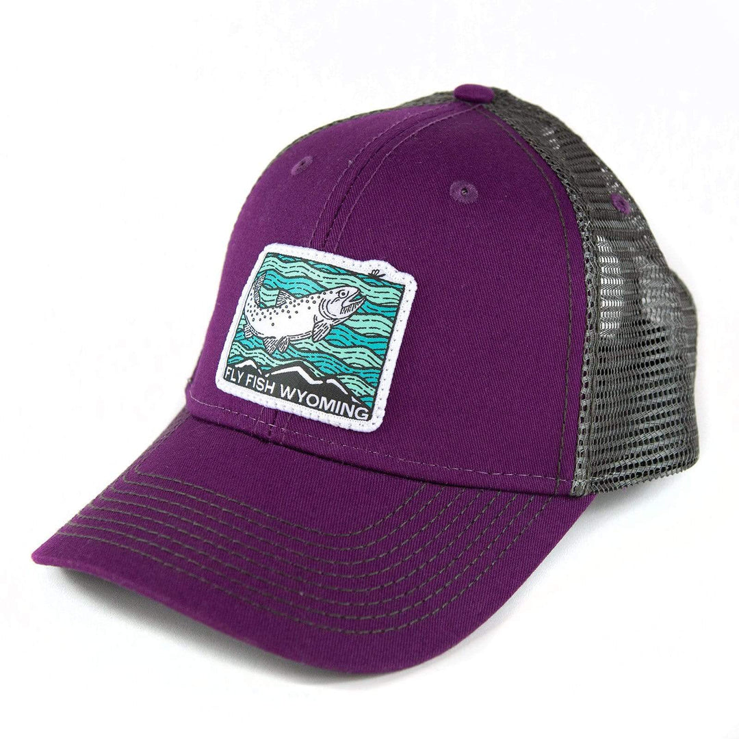 Fly Fish Wyoming Hat Wine Berry and Dark Grey Fish Rising Trucker Hat
