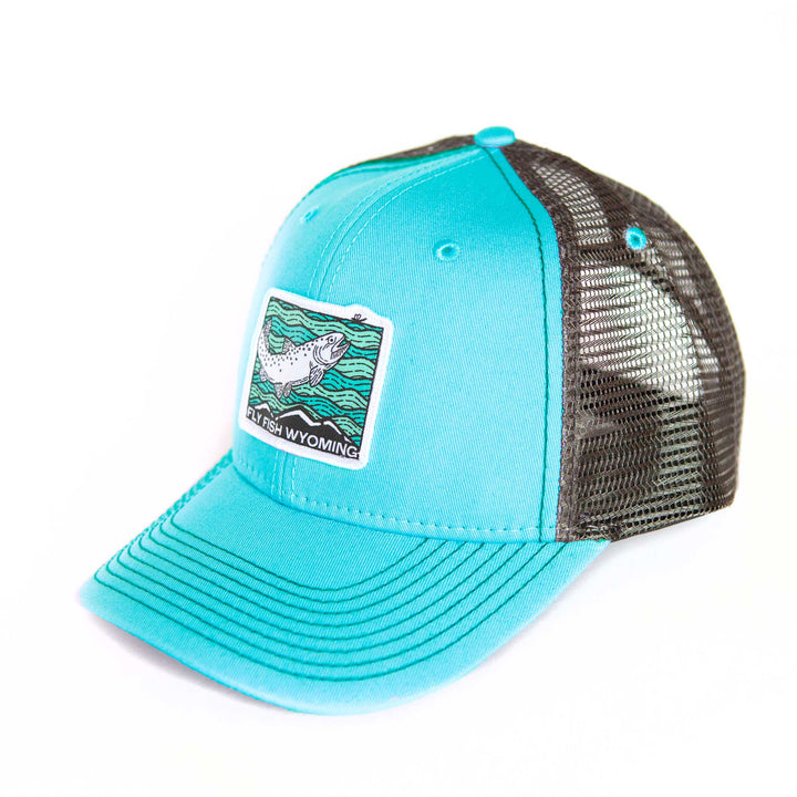 Fly Fish Wyoming Hat Teal and Dark Gray Fish Rising Trucker Hat