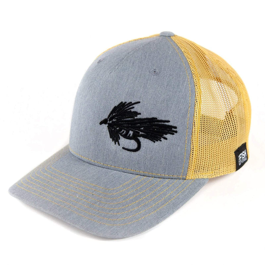 Fly Fish Wyoming Hat Heather Gray and Gold Streamer Trucker - Gray/Gold - So Fly Series 1