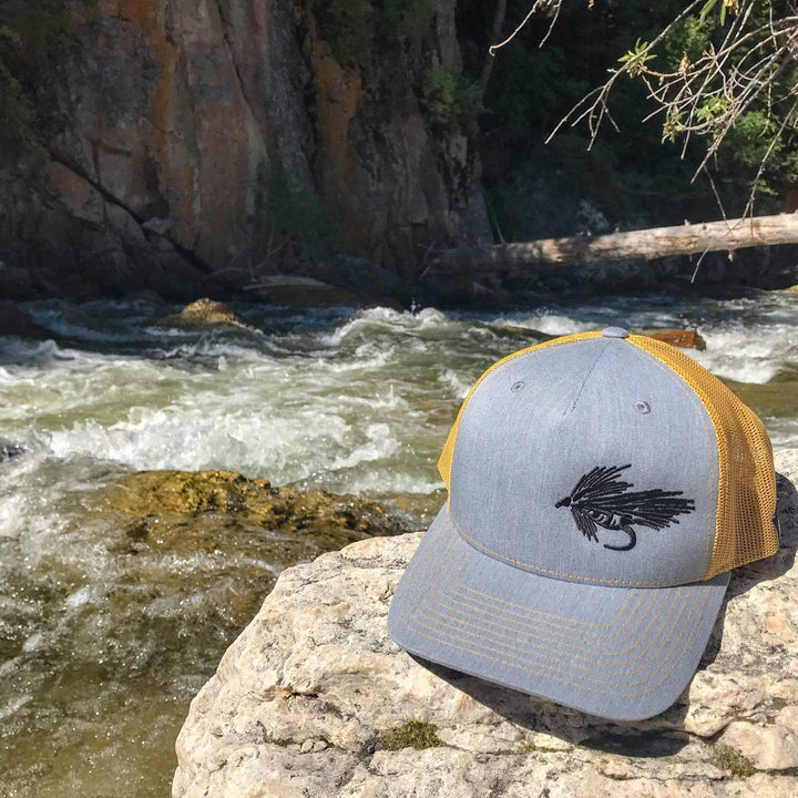 Fly Fish Wyoming Hat Heather Gray and Gold Streamer Trucker - Gray/Gold - So Fly Series 1