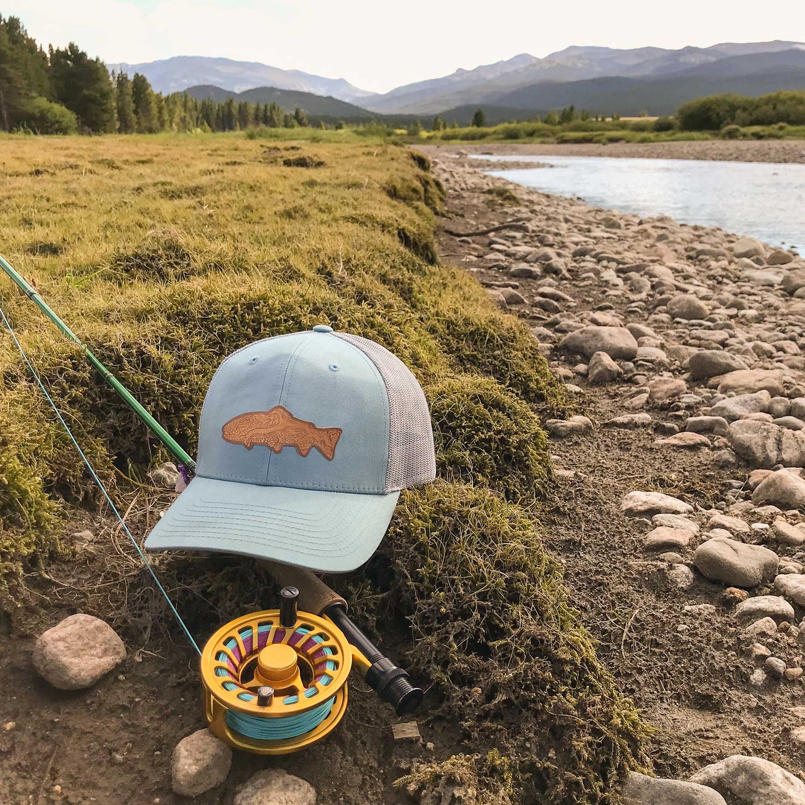 Fly Fish Wyoming Hat Smoke Blue and Gray Topo Fish Trucker