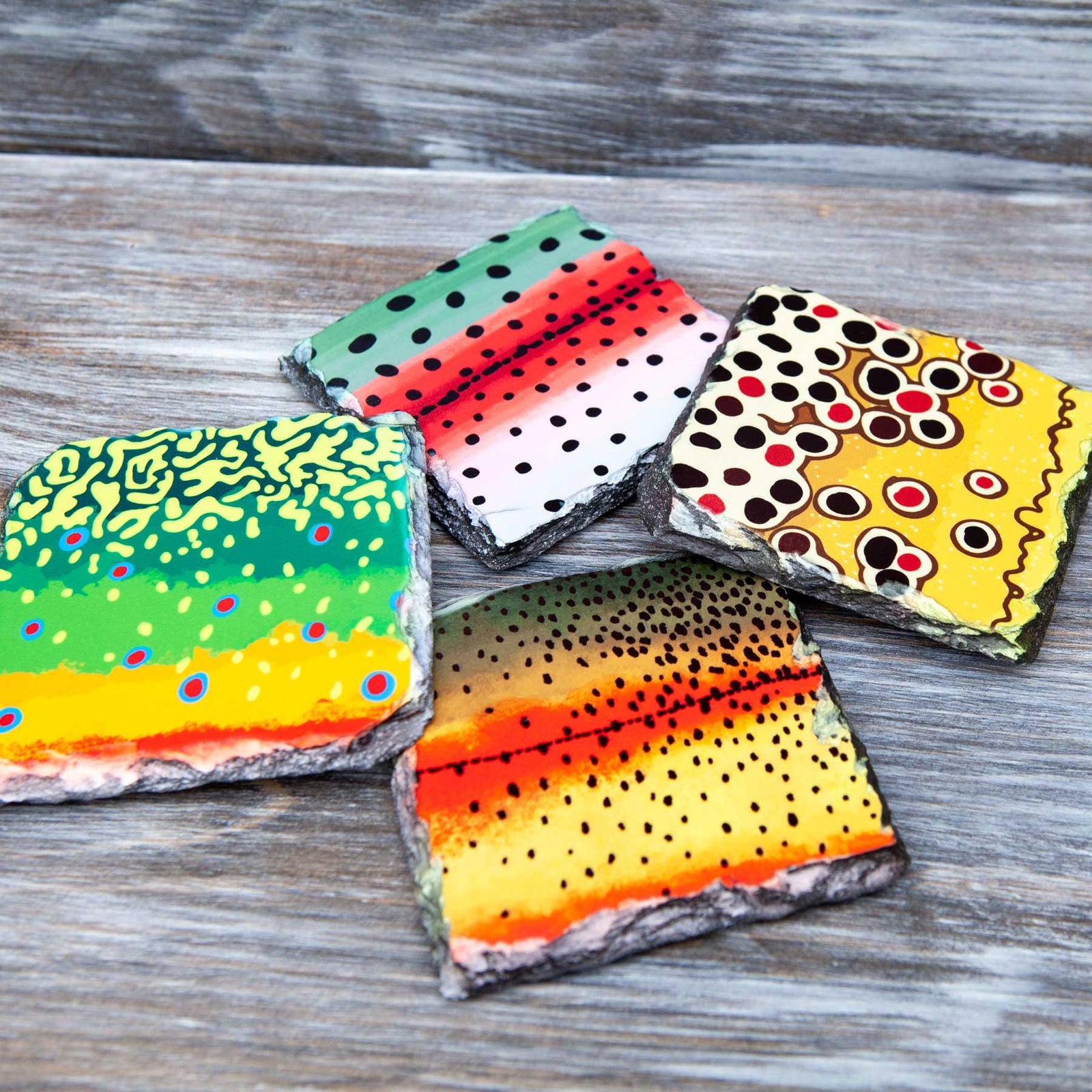 Fly Fish Wyoming Home Goods Trout Pattern Slate Coaster Sets