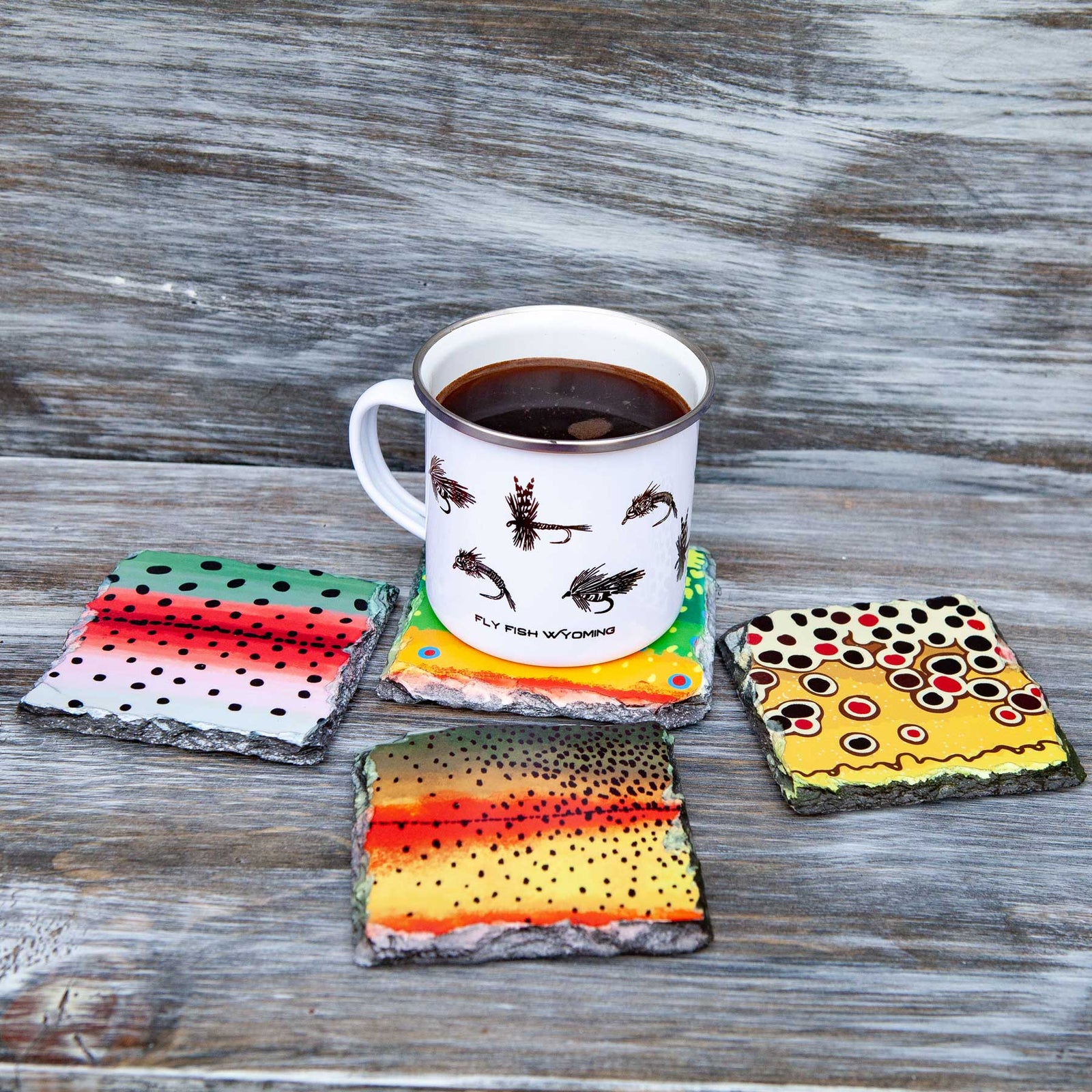 Fly Fish Wyoming Home Goods Trout Pattern Slate Coasters