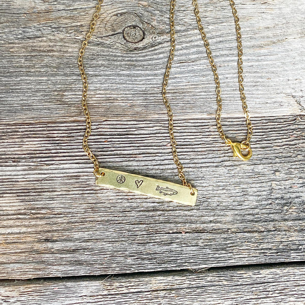 Fly Fish Wyoming Jewelry Gold Peace, Love + Fishing Necklace