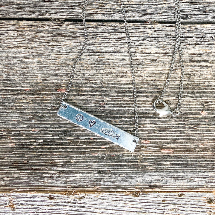 Fly Fish Wyoming Jewelry Silver Peace, Love + Fishing Necklace