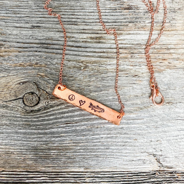 Fly Fish Wyoming Jewelry Copper Peace, Love + Fishing Necklace