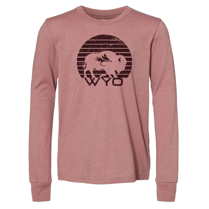 Fly Fish Wyoming Kids S / Heather Mauve Sunset Bison Fly Youth Long Sleeve
