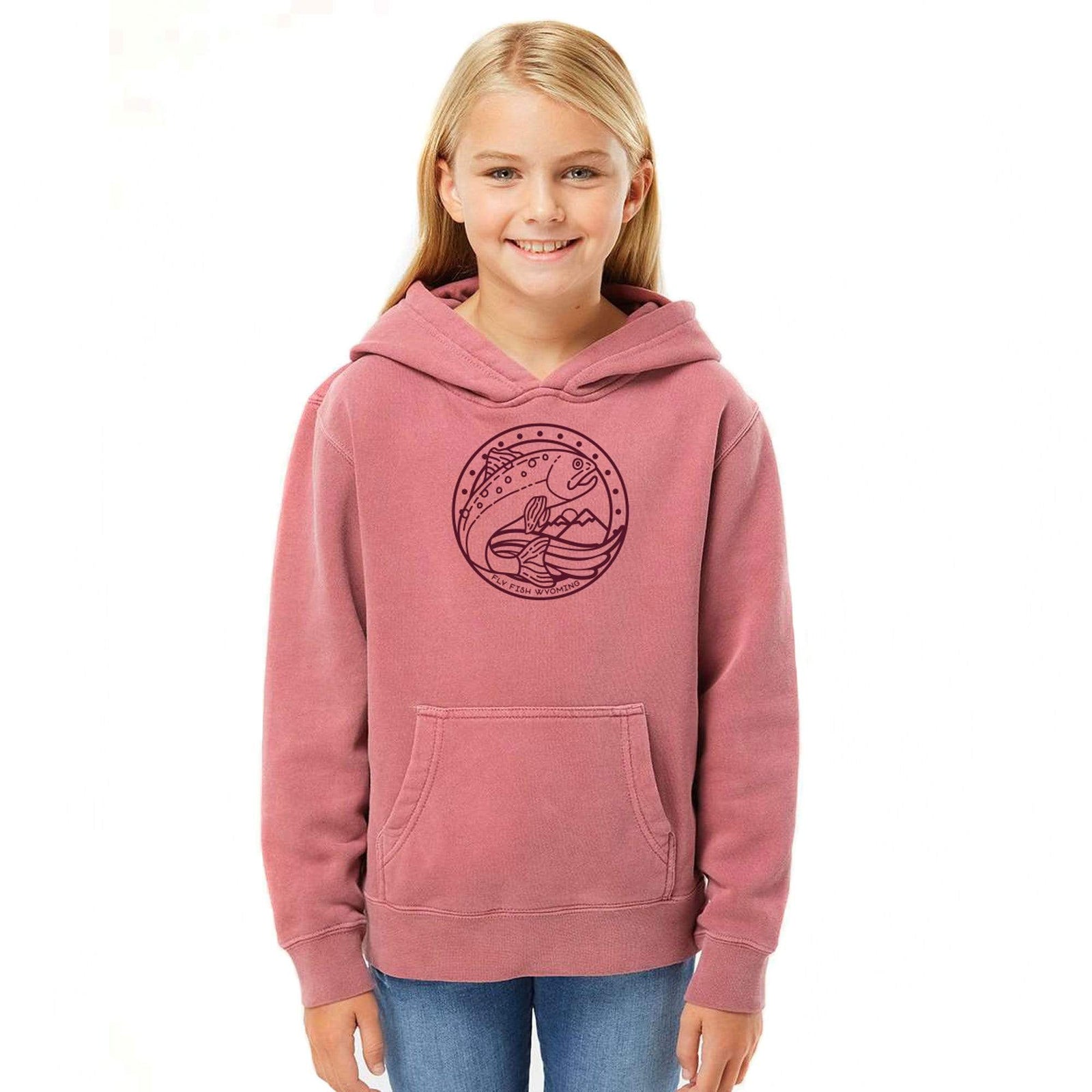 Fly Fish Wyoming Kids Youth Reel Fun Sweatshirt Hoodie - Pigment Maroon