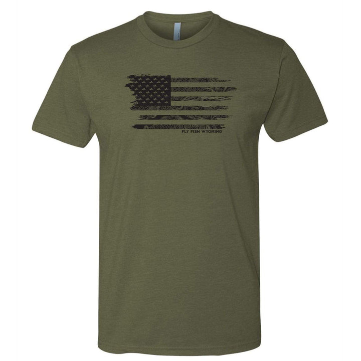 Fly Fish Wyoming Men's S / Military Green Topo Flag Tee - Military Green