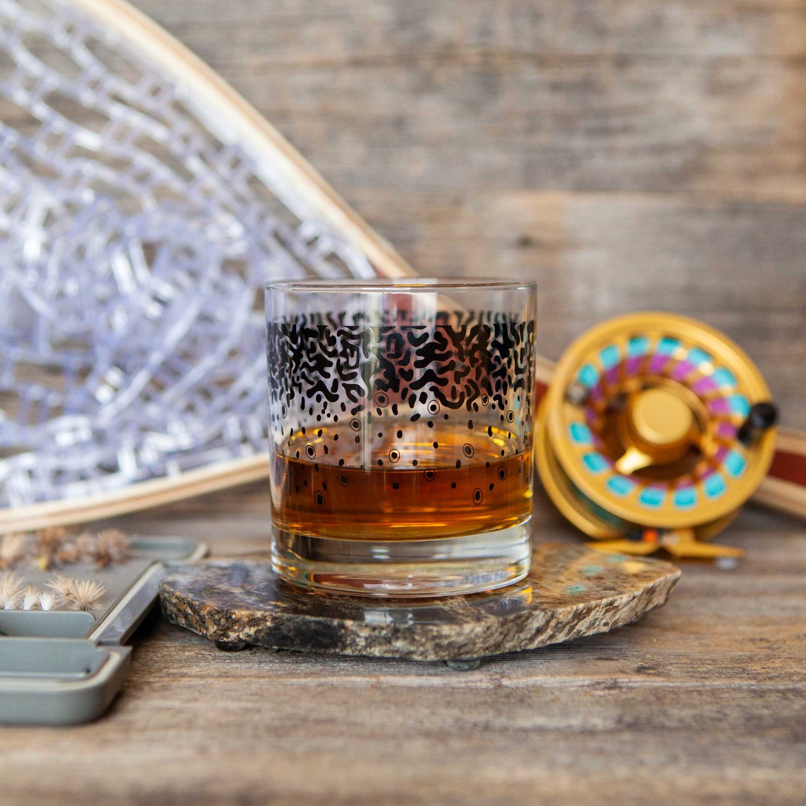Fly Fish Wyoming old fashioned glass Wyo Brook Trout Pattern Old Fashioned Whiskey Rocks Glass