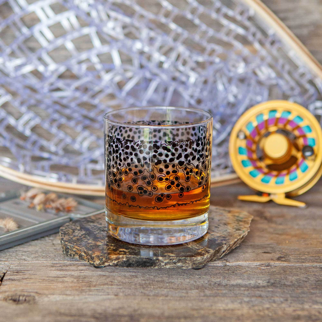 Fly Fish Wyoming old fashioned glass Wyo Brown Trout Pattern Old Fashioned Whiskey Rocks Glass
