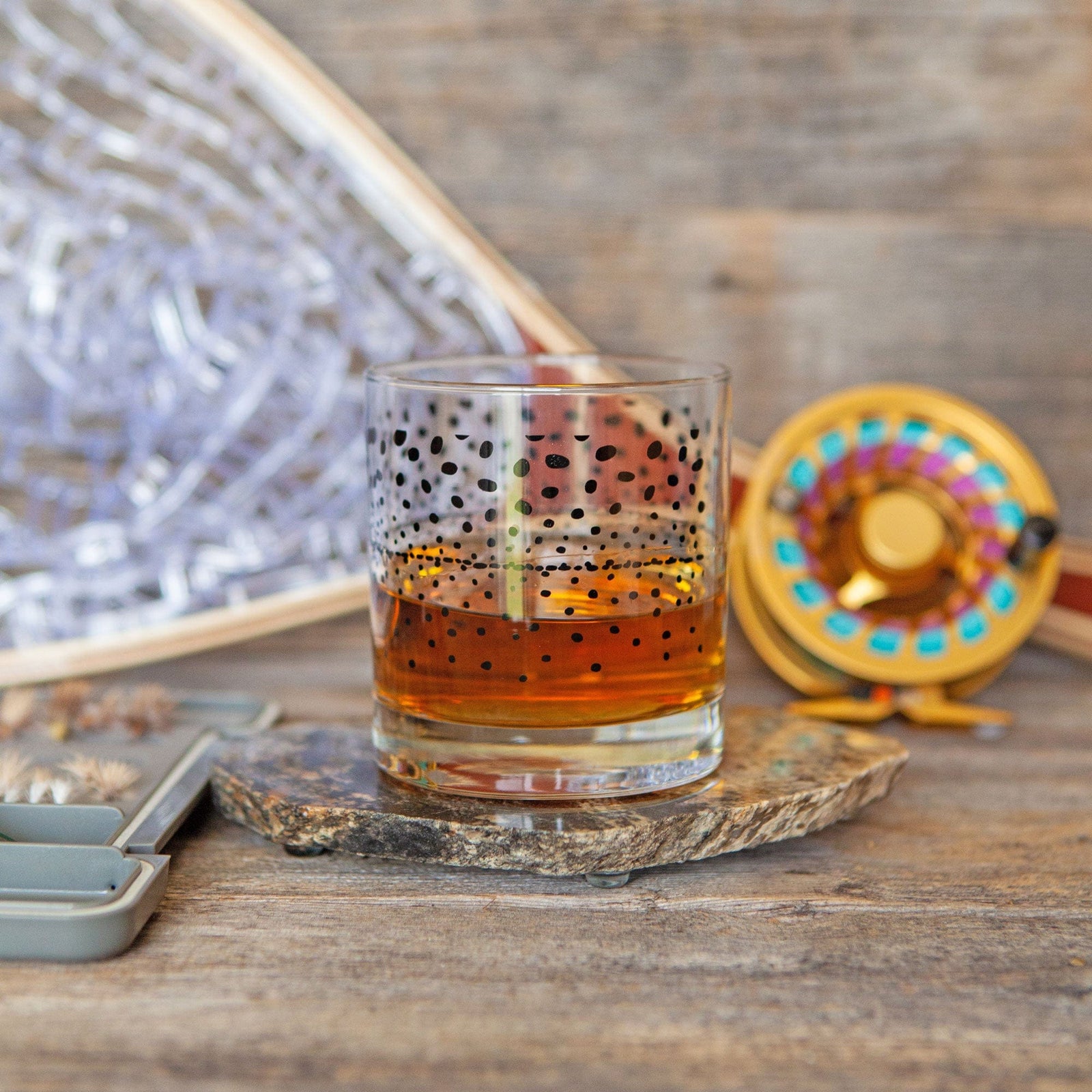 Fly Fish Wyoming old fashioned glass Wyo Rainbow Trout Pattern Old Fashioned Whiskey Rocks Glass